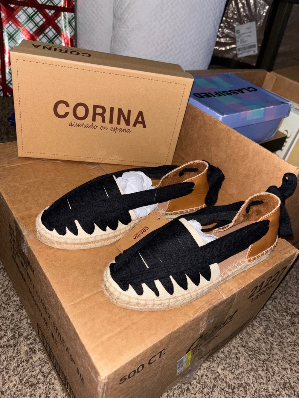 Canvas Espadrille Lace-Up Wedge in Black, Cream & Tan